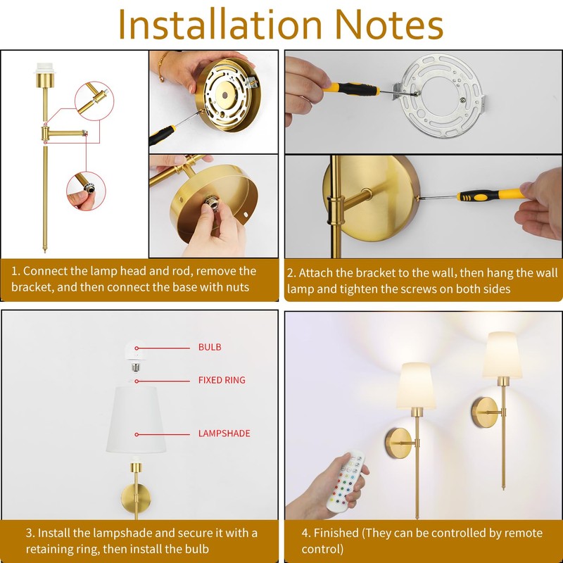 Battery Operated Wall Sconces Set of 2, Gold Rechargeable Wall