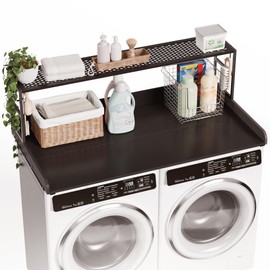 DTK Washer Dryer Countertop with Shelf, 27.55" Depth x 54" Width Laundry Wood Top Cover with Anti-Slip Strips, Over Washer and Dryer Wood Countertop with Edge Rails, Black