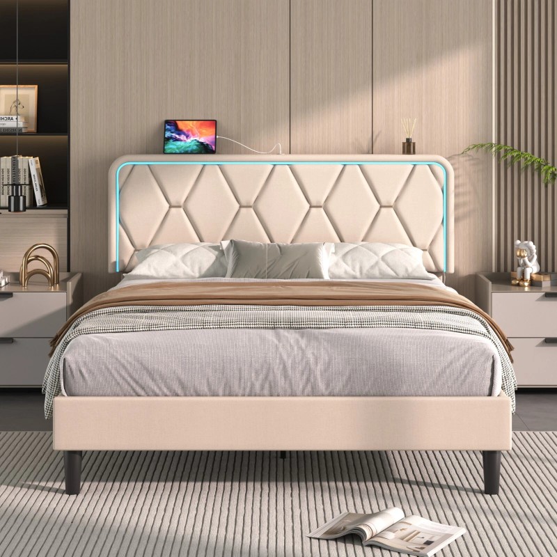 Vecelo LED Light Queen Full Twin Bed Frame with USB