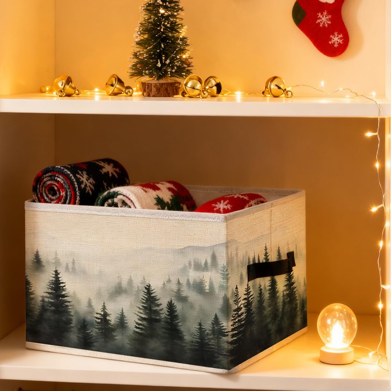 Misty Foggy Mountain Storage Bins, Forest Green Nature Landscape Foldable
