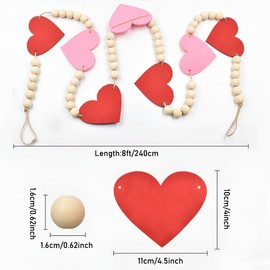 Valentines Felt Heart Garland with Wood Beads, Valentines Decorations, 2Pack Red Pink Heart Rustic Farmhouse Happy Valentines Day Banner for Home Mantel Wedding Anniversary Party Supplies