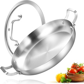 Inqibee 14 Inch Tri-Ply Stainless Steel Paella Pan with Lid,Large Skillet,Omelet,Griddle,Induction Cooking Pan,Dishwasher and Oven Safe.