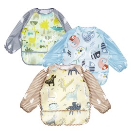 PandaEar (3 Pack) Waterproof Baby Bibs with Long Sleeve| Baby Feeding Bib Painting Apron Bibs for Infant Toddler 6-36 Months (Lizard)
