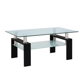 Tempered Glass Coffee Table Living Room Modern Side Coffee Table with Storage Shelf and Metal Frame (Black)