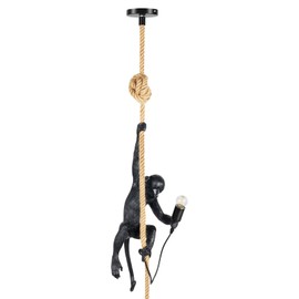 Resin Monkey Wall Light,Adjustable Height Resin Hemp Rope Pendant Lights Industrial Retro Monkey Lamp Wall Light Hanging Ceiling Lamp, E26 Lamp Holder for Dining Living Room Bedroom Bar Cafe -Black