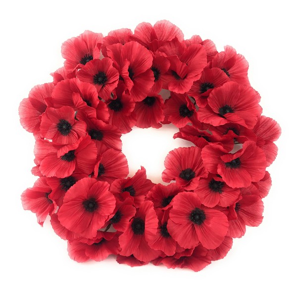 CB 40cm Artificial Bright Red Poppy Wreath - 40+ Poppy Flowers - Remembrance Day