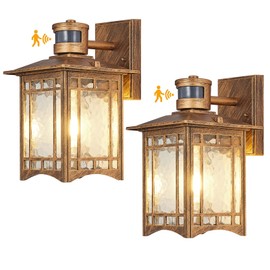 XANGQAN 2 Pack Brown Motion Sensor Outdoor Lights Wall Mount - Dusk to Dawn Exterior Light Fixture for Outside House Porch Patio Garage - Waterproof Lantern with Yard Front Motion Detector
