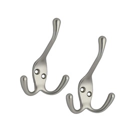 QCAA Premium Quality Coat Hat Hook with Three Prong, 4", Zinc Die Cast, Satin Nickel, 2 Pack, Made in Taiwan