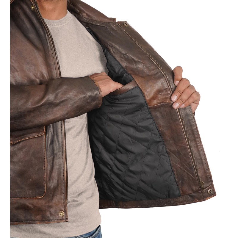 STOREJEES Mens Brown Leather Jacket | Brown Distressed - L