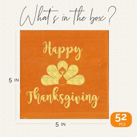 Happy Thanksgiving Napkins 52 Pcs, Cocktail Thanksgiving Napkins Disposable, Paper Friendsgiving Napkin, Friendsgiving Decorations, Grateful and Thankful - Funny Thankgiving Cocktail Napkin For Dinner