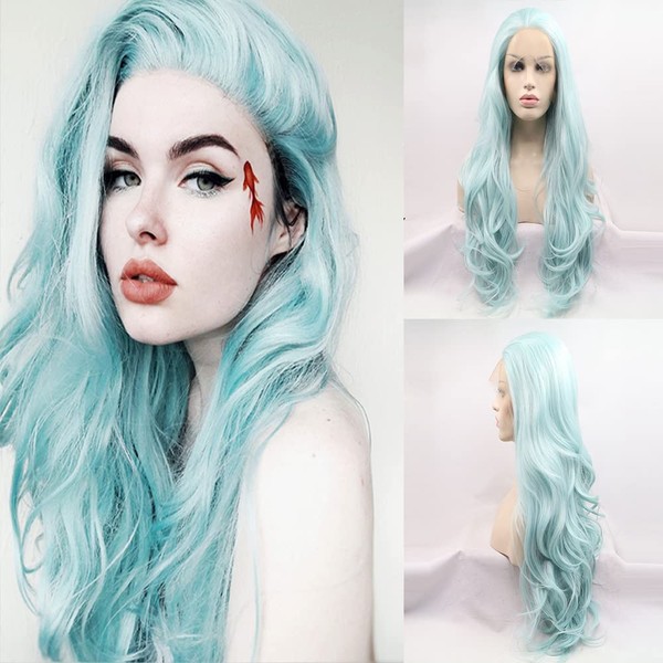Xiweiya Mixed Light Blue Long Body Wave Lace Front Wig Pastel Green Mixed Color Synthetic Lace Front Wig Natural Looking Wigs Heat Resistant Fiber Hair High Density Wig for Women 24inch