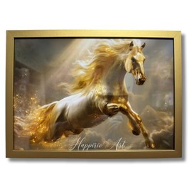 [Happirio] Good Luck Art | Golden Raiba "God Horse" Poster | Improve Money, Work, Successful Luck | A4 Size Framed | Symbol of Leap and Rising Luck | Golden Horse Interior Painting (A4+ Frame)