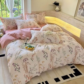 Tospass Flower Bed Linen 135 x 200 cm Girls - Microfibre, A Side Floral Pattern in Pastel Colours, B Side Pure Pink, Breathable Duvet Cover with Zip 1 Pillowcase 80 x 80 cm