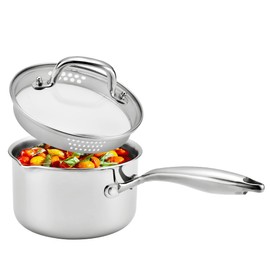 Cyrosa 1.5 Quart Saucepan with Lid, Stainless Steel Sauce Pot with Strainer Lid, Two Side Spouts for Easy Pour with Ergonomic Handle, Dishwasher Safe