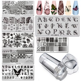 LoveOurHome Nail Stamping Plate Kit Letter Butterfly Lace Geometry Floral Fingernails Template Stencil Stamps Plate Silicone Stamper Scraper Manicure Design Tools Set (Letter)