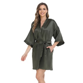 iFigure Robe for Women Silky Lightweight Satin Kimono Bride Bridesmaids Wedding Party Robes Dressing Gown Summer Loungewear, Large Deep Green