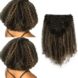 ABH AMAZINGBEAUTY HAIR Afro Curly Clip in Hair Extensions Real Human Hair 4A 4B Curly Clip ins for Black Women 120g 7 Pieces 17 Clips, Ombre Highlight 1B to Honey Blonde 12 Inch