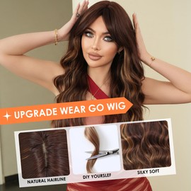 PARK YUN Curtain Bang Wig for Women 26 Inch Long Brown Ombre Blonde Highlight Wavy Curly Synthetic Heat Resistant Hair Replacement with Dark Roots for Daily Party