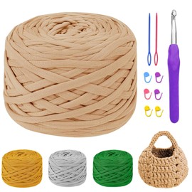 MeYuxg 285G/80M T-Shirt Yarn, T-Shirt Yarn for Crocheting, with 5 mm Crochet Hook, Textile Yarn, T-Shirt Yarn for Crocheting Bags, Blankets, Wall Hangings and Home Decorations (Khaki)