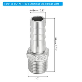PATIKIL 304 Stainless Steel Barb Hose Fitting, 2 Pack 5/8" Hose Barb x 1/2" NPT Thread Pipe Connector Adapter Quick Fittings for Bore Air Water Connecting