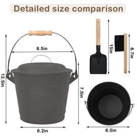 Poofzy Ash Bucket with Lid, 1.3 Gallon Ash Bucket for Fireplace, Metal Fireplace Bucket for Ashes Includes Shovel and Hand Broom for Wood Burning Stove, Fire Pit and Grill - Gray