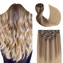 Sindra Clip-In Real Hair Extensions, Balayage Ash Blonde to Bleach Blonde, 50 cm, 120 g, 6 Pieces, Clip-In Natural Remy Real Hair Extensions, C#10/16/16, 20 Inches