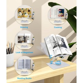 Acrylic Book Stand for Reading, Acrylic Desktop Ricer, Foldable Book Holder with 360° Swivel Base, Cookbook Stand with Elastic Page Clips for Home Office, Laptop, Tablet, Kindle