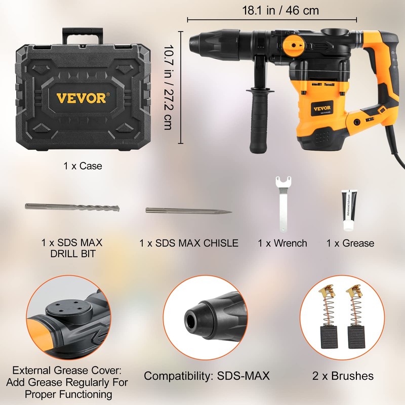 VEVOR 1-9/16 Inch SDS-Max Rotary Hammer Drill, 13Amp Corded Drills,