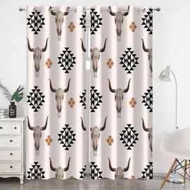 Sokdcam Western Cow Skull Blackout Curtains, Boho Cow Window Drapes, Abstract Geometric Grommet Curtains for Bedroom Living Room, 52"x84" InchWindow Drapes 2 Panel Set