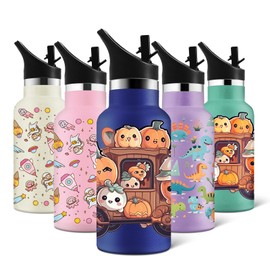 HoneyHolly Thermos Flask, 350 ml, BPA-Free, Stainless Steel, Leak-Proof Water Bottle, Double-Walled, Children's Drinking Bottle, with Straw, Sports Bottle for Bike, Sports, Yoga, School