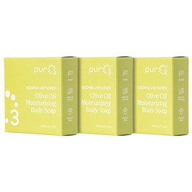 PurO3 Ozonated Olive Oil Soap 3-Pack – Handcrafted Organic Body Wash – Natural Vegan Bars for Women & Men – Gentle, Biodegradable, Non Toxic Cleanser for Shower & Bath, 3.5 oz Bar Set