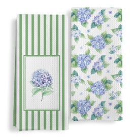 Qeheb Blue Hydrangea Floral Kitchen Towels, Blue Hydrangea Decor Dish Tea Towels, Cottagecore Flower Botanical Green Striped Decorative Hand Towels for Kitchen Decor, 16X24In Set of 2