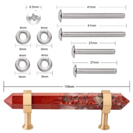 TUMBEELLUWA Double Crystal Points Cabinet Knob with Screws, Stone Wand Brushed Brass Handle Pull for Cupboard Dresser Kitchen Office Decor, Red Jasper