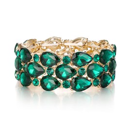 BriLove Wedding Bridal Bracelet for Brides, Crystal Rhinestone Layer Teardrop Stretch Bangle for Women Party Prom Emerald Color Gold-Toned