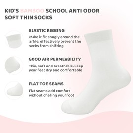 Kids Bamboo School Socks Super Soft flat Seam Solid Color Socks Anti Odor Thin Breathable Stretch Cuffs Girls Boy 5 Pairs (Large, White)