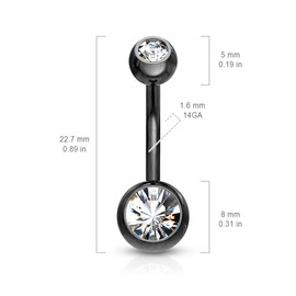 FIFTH CUE 14GA Black Titanium IP 316L Double CZ Barbell Belly Ring, Standard, 14GA - 10mm Length, Metal, cubic-zirconia