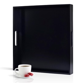 OurMiao 20 Inches Square Wooden Ottoman Tray Black, Large Wood Serving Tray with Handles for Living Room, Serving Food Breakfast, Ottoman Coffee Table Couch Sofa Kitchen