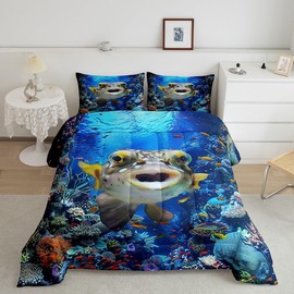 Puffer Fish Comforter Set Full,Coral Fish Bedding Set 3pcs for Kids Teens Boys Girls Room Decor,Cute Undersea Lifes Duvet Insert Blue Watercolor Animals Plants Quilt Set with 2 Pillowcases