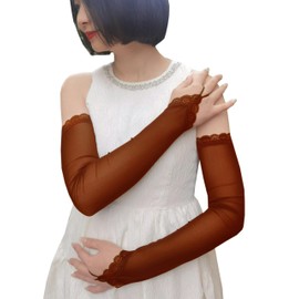 YHDDYG Sheer Gloves Women Fingerless Elbow Length Lace Bride Gloves Mesh Tulle Fingerless Gloves Opera Evening Party S66, Brown, One Size