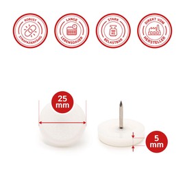 K.D.J. Brand Plastic Furniture Glides with Round Nails, Pack of 4 in White, 25 mm Diameter, 5 mm Thick, Chair Glides with Nail, Plastic Glides for Garden Chairs - Made in Germany