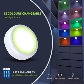 FOURHARVEST Puck Lights with Remote-13 Colors Changeable,Puckpuck Lights for Bedroom,Dimmable Under Cabinet LED Lighting Battery Operated, Night Light with Wireless Remote for Cabinet,White (3 Pcs)