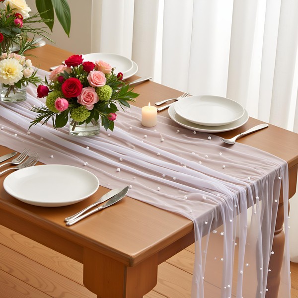 28X118 Inch White Pearl Spring Table Runner, 10 FT Wedding