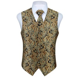 Enlision Men's Suit, Vest, & Tie 3-Piece Set w/ Pocket Square, Formal, Weddings, Paisley, Business Vest, Large Size, Waistcoat Fit, Gentlemen, Buckle Included - Casual golden