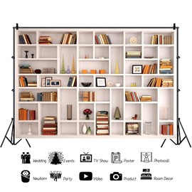Xiaoterna 5x3ft Modern Bookshelf Backdrop Modern Simplicity White Bookcase Photography Background Library Bookcase Books Vase Office Video Conference Backdrop Kids Adults Portrait Photo Props