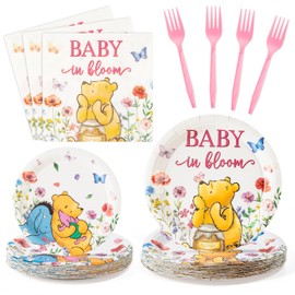 Z1juce Wildflower Winnie Party Tableware - 96PCS Wildflower Winnie Themed Party Plates Napkins and Forks Complete Disposable Set Serve 24 Guests Dinnerware for Baby Shower Birthday Parties Supplies