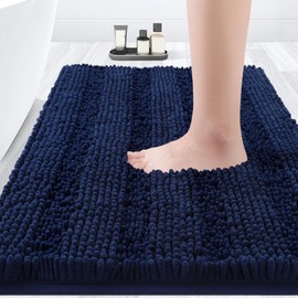 ACCUMTEK Striped Navy Blue Bathroom Rug Mat 24"x17" Ultra Soft, Non Slip Chenille Bath Rugs, Absorbent Plush Shaggy Bath Mats for Bathroom, Bedroom, Kitchen, Shower, Tub