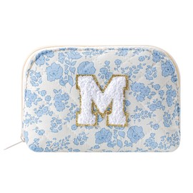 WHHJM Initial Dome Cosmetic Makeup Bag Small Cotton Quilted Makeup Pouch for Purse Cute Blue Floral Travel Toiletry Zipper Pouch (Blue Floral M)