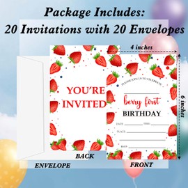 Gsauto Berry 1st Birthday Invitations, 20 Strawberry Red Invitations with Envelopes, Vibrant Whimsical Fruit Theme for Party Decorations