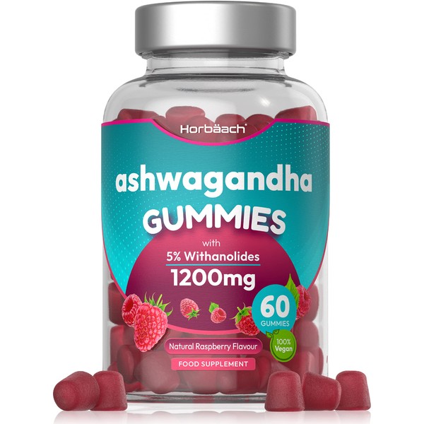 Ashwagandha Gummies | 1200mg | 60 Count | with 5% Withanolides | Natural Raspberry Flavour | by Horbaach