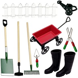 Miniature Fairy Garden Farming Tools, 9 Packs 1:12 Mini Metal Spade Pestle Rake Wagon Kettle Wood Fence Yard Supplies Scene Model Set Dollhouse Decor Accessories